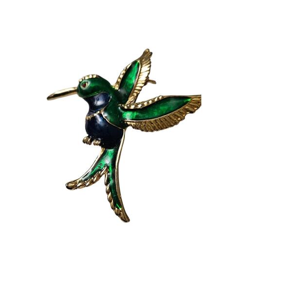Vintage Green Enamel Hummingbird Brooch Pin Gold Tone Bird Jewelry - Picture 1 of 3
